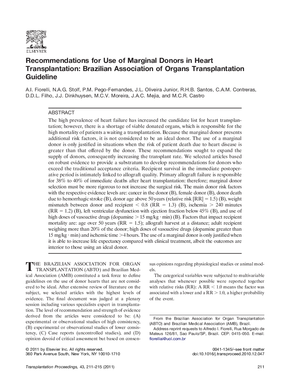 Recommendations for Use of Marginal Donors in Heart Transplantation: Brazilian Association of Organs Transplantation Guideline