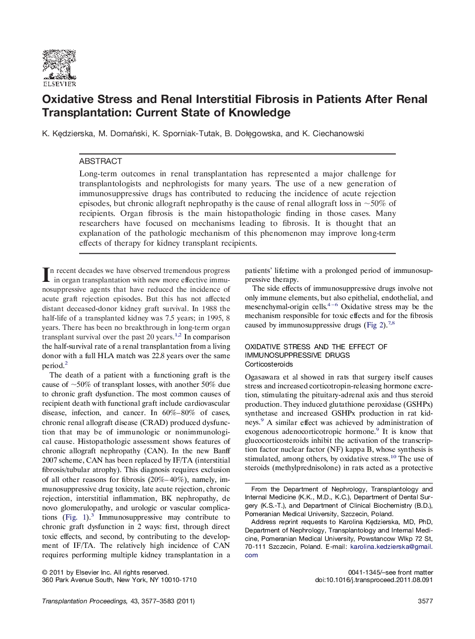 ReviewOxidative Stress and Renal Interstitial Fibrosis in Patients After Renal Transplantation: Current State of Knowledge