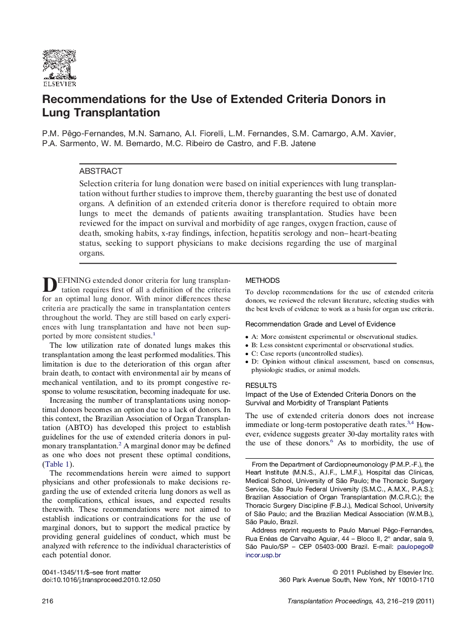 Recommendations for the Use of Extended Criteria Donors in Lung Transplantation