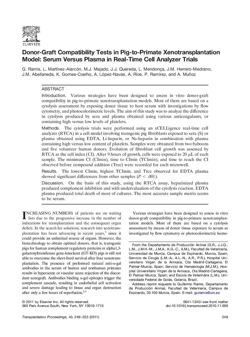 Donor-Graft Compatibility Tests in Pig-to-Primate Xenotransplantation Model: Serum Versus Plasma in Real-Time Cell Analyzer Trials