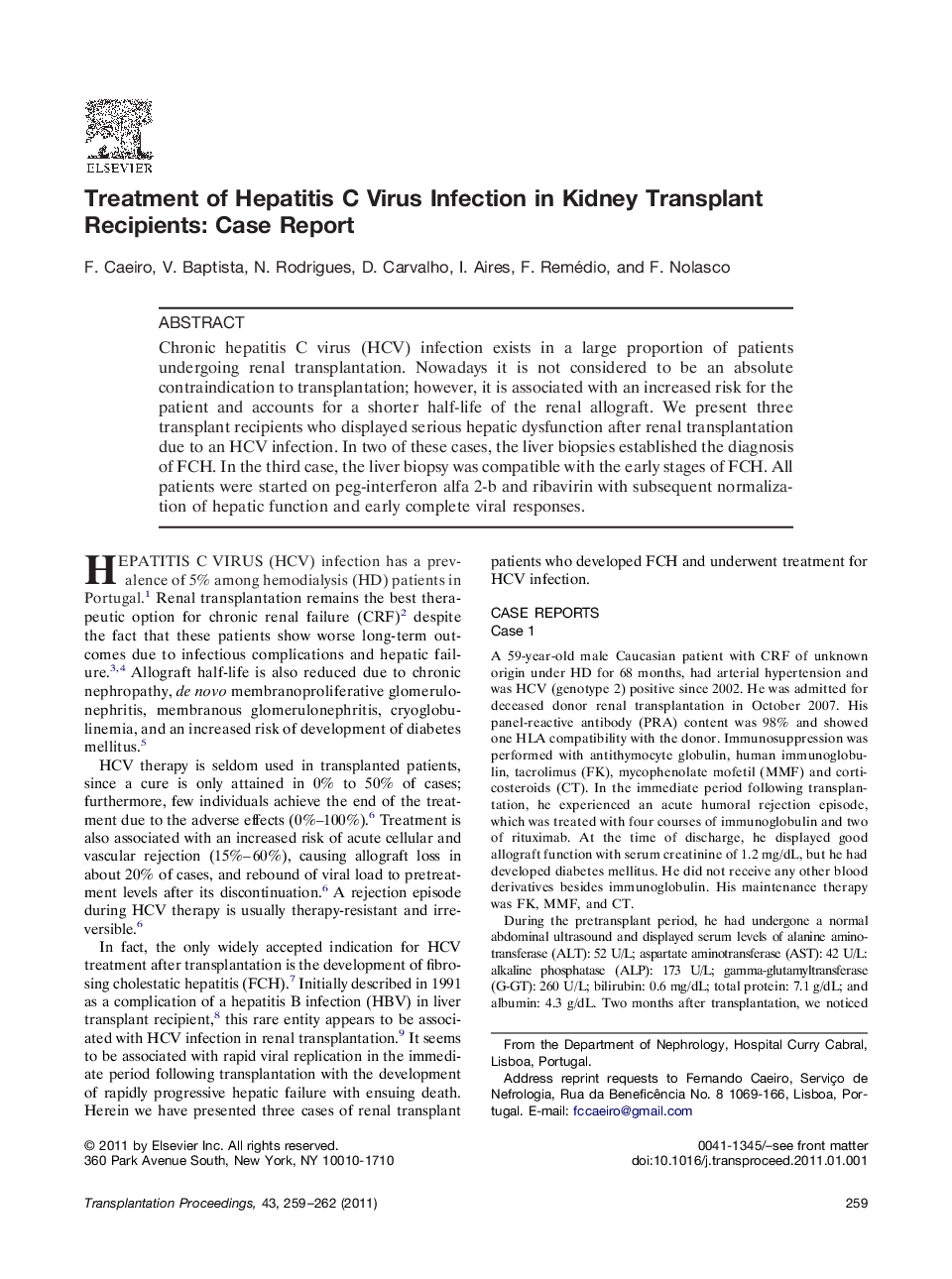 Case reportTreatment of Hepatitis C Virus Infection in Kidney Transplant Recipients: Case Report