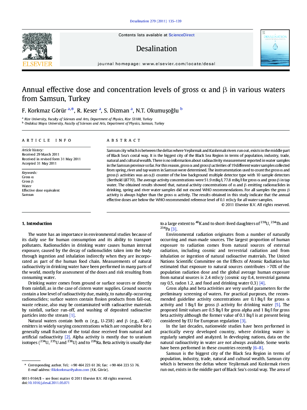 Annual effective dose and concentration levels of gross α and β in various waters from Samsun, Turkey