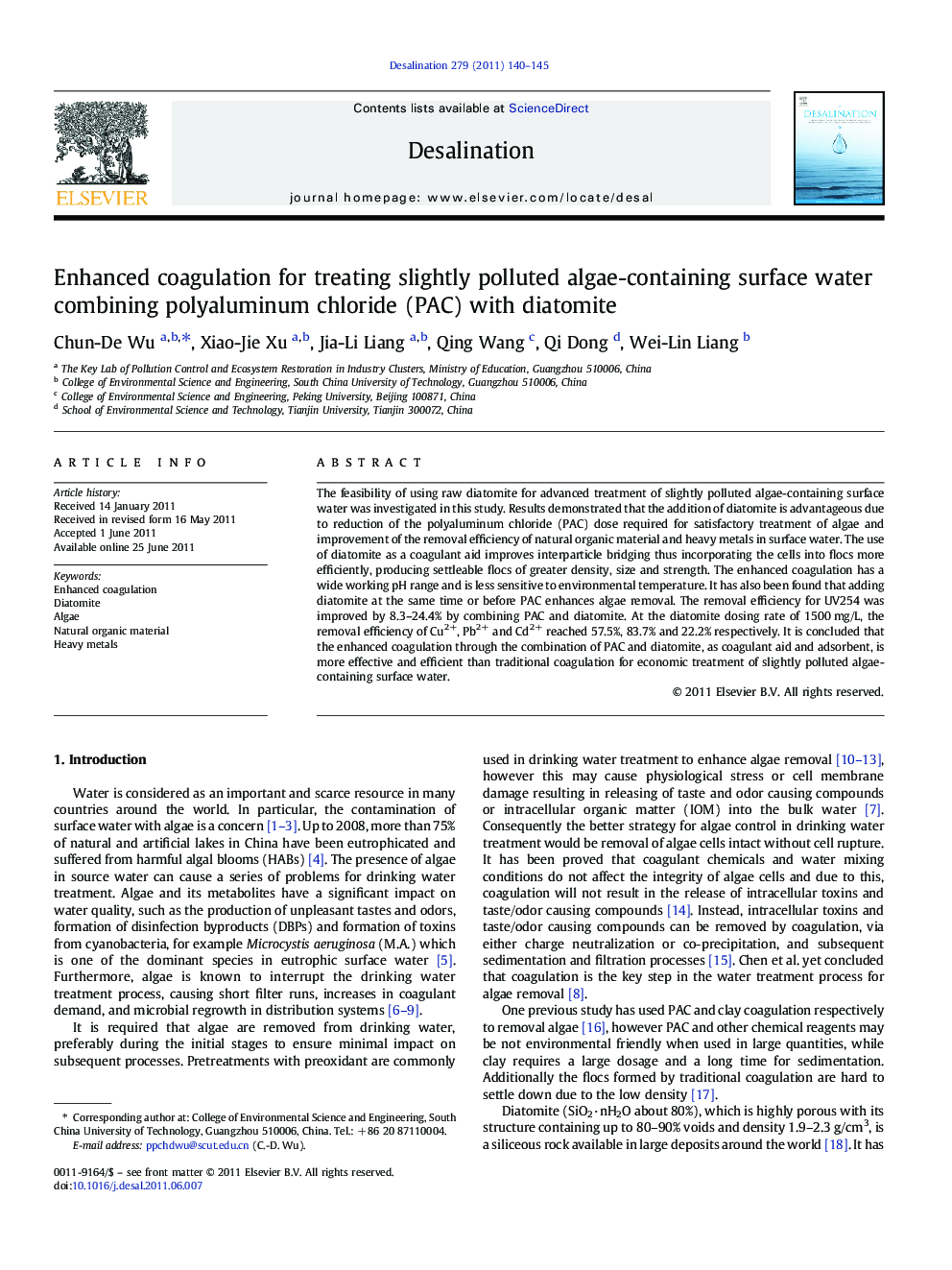 Enhanced coagulation for treating slightly polluted algae-containing surface water combining polyaluminum chloride (PAC) with diatomite