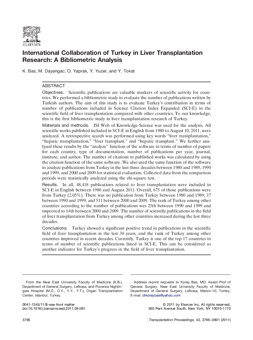 International Collaboration of Turkey in Liver Transplantation Research: A Bibliometric Analysis