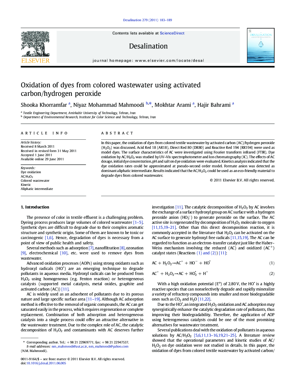 Oxidation of dyes from colored wastewater using activated carbon/hydrogen peroxide