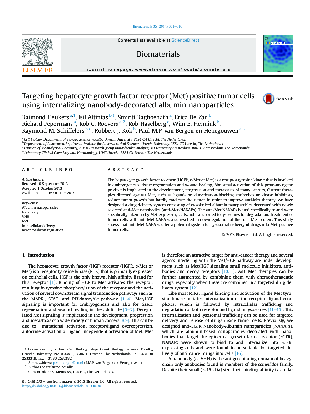 Targeting hepatocyte growth factor receptor (Met) positive tumor cells using internalizing nanobody-decorated albumin nanoparticles