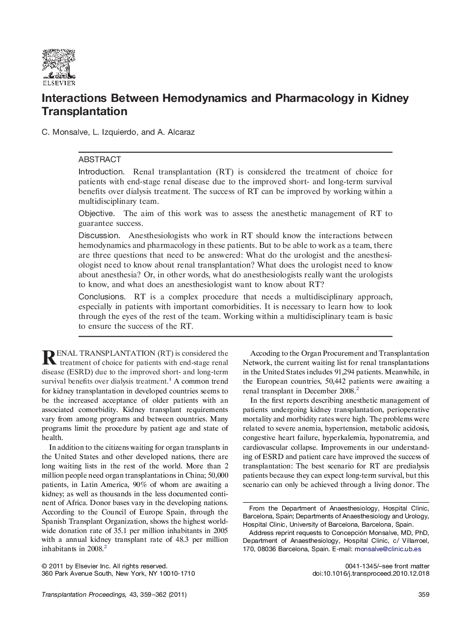 Transplantation outcomeInteractions Between Hemodynamics and Pharmacology in Kidney Transplantation