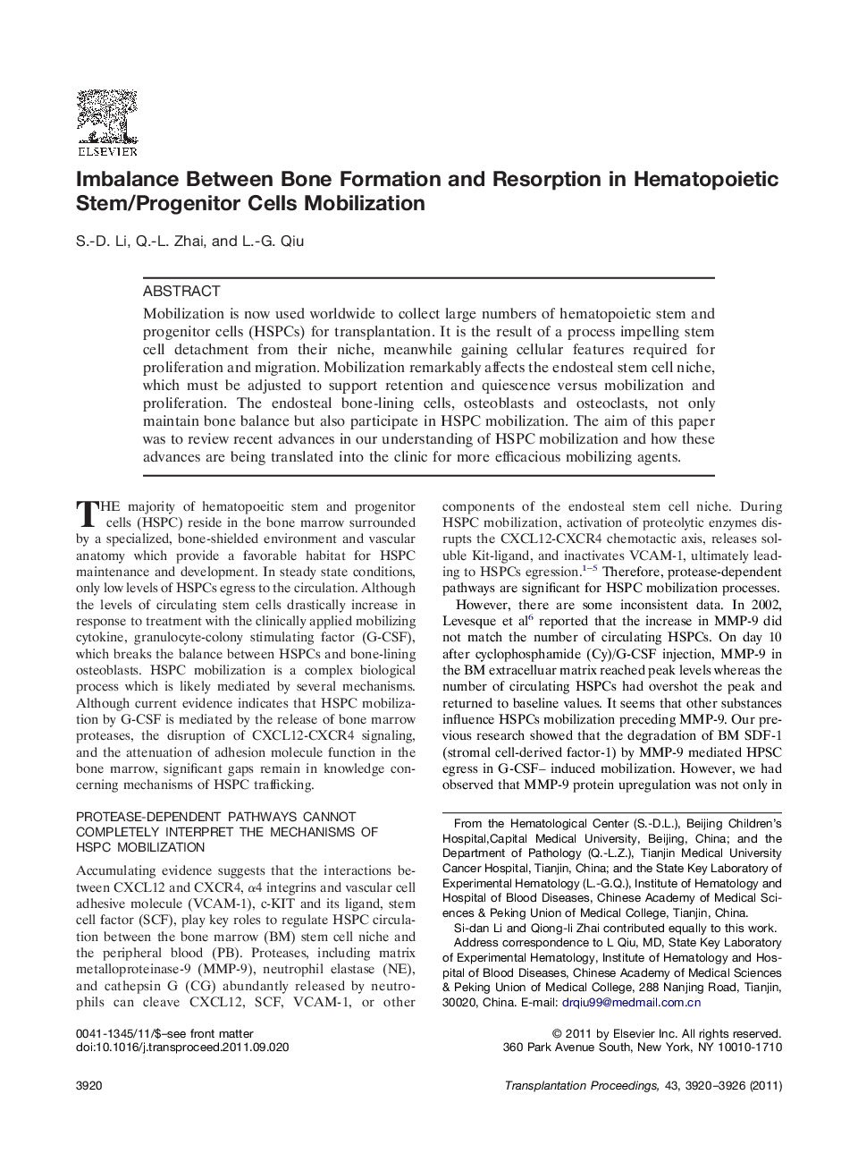 Bone marrow and stem cell transplantationImbalance Between Bone Formation and Resorption in Hematopoietic Stem/Progenitor Cells Mobilization