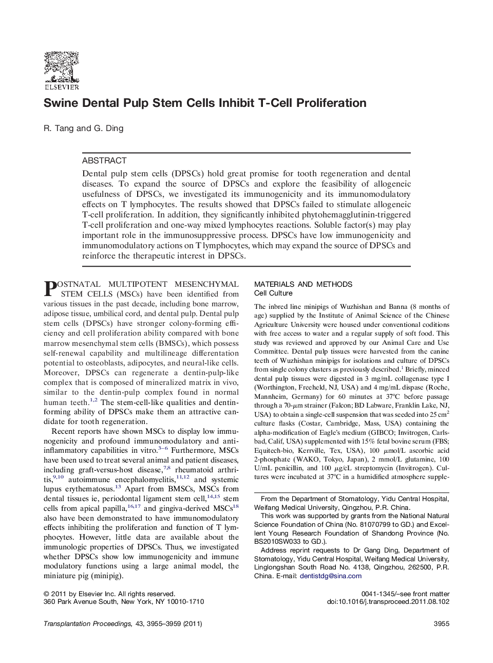 Experimental transplantationImmunobiologySwine Dental Pulp Stem Cells Inhibit T-Cell Proliferation