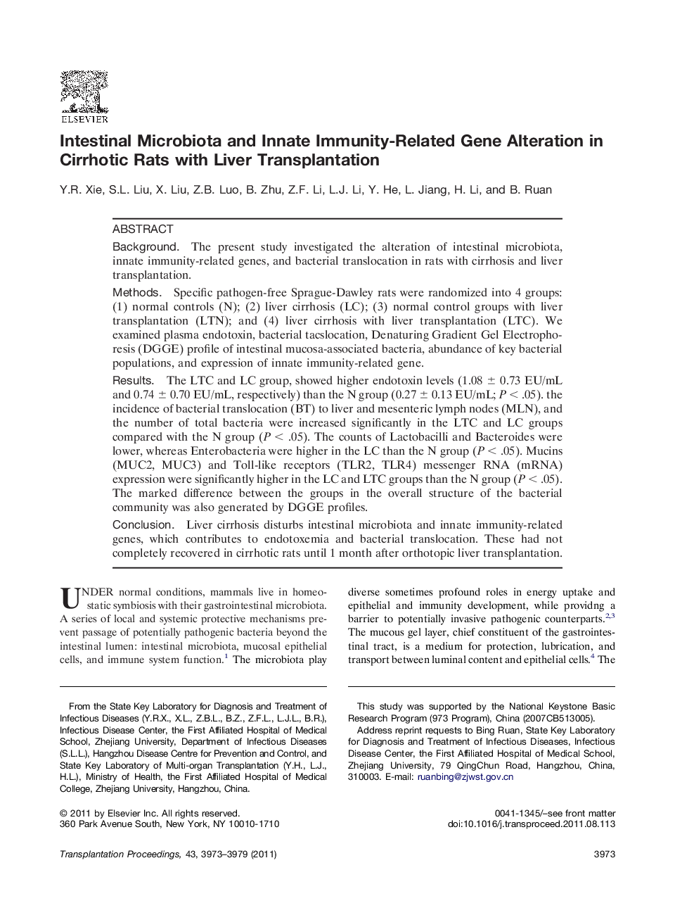 Experimental transplantationTransplantation modelIntestinal Microbiota and Innate Immunity-Related Gene Alteration in Cirrhotic Rats with Liver Transplantation