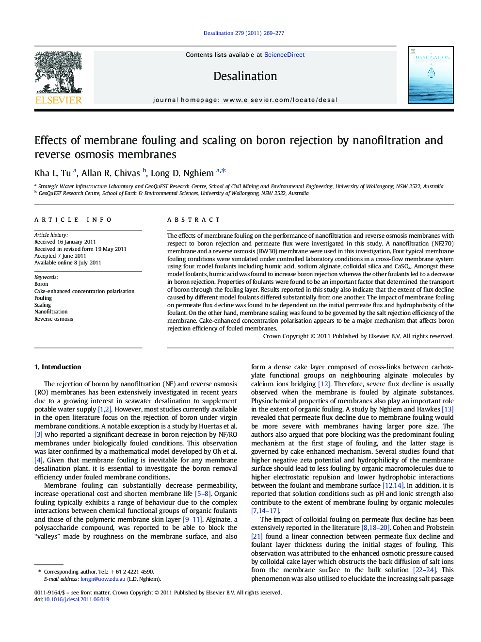 Effects of membrane fouling and scaling on boron rejection by nanofiltration and reverse osmosis membranes