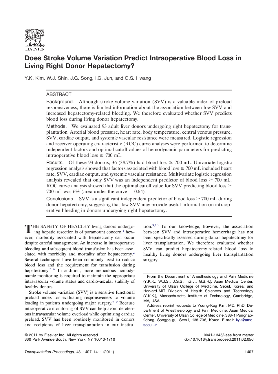 Does Stroke Volume Variation Predict Intraoperative Blood Loss in Living Right Donor Hepatectomy?