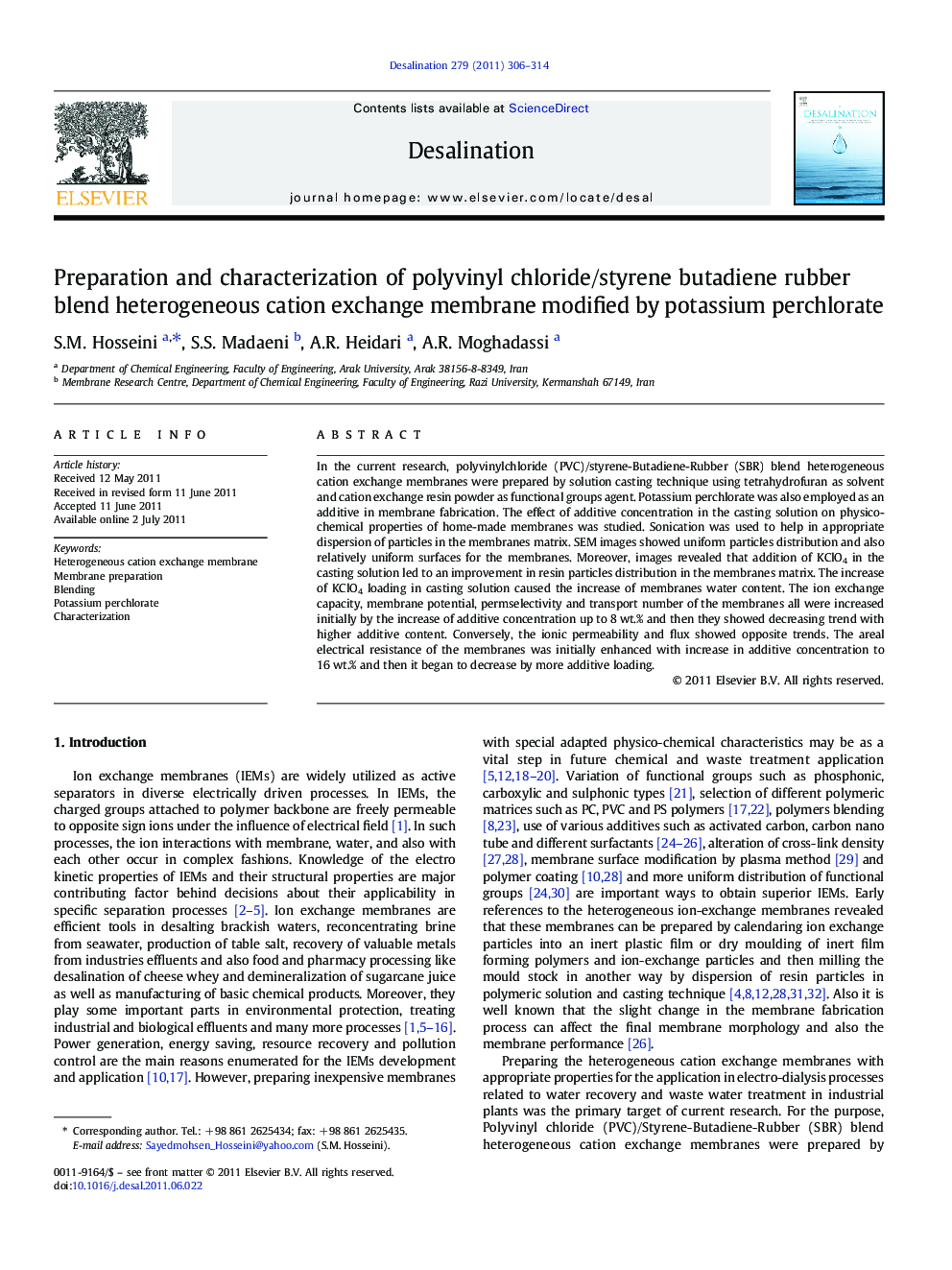 Preparation and characterization of polyvinyl chloride/styrene butadiene rubber blend heterogeneous cation exchange membrane modified by potassium perchlorate