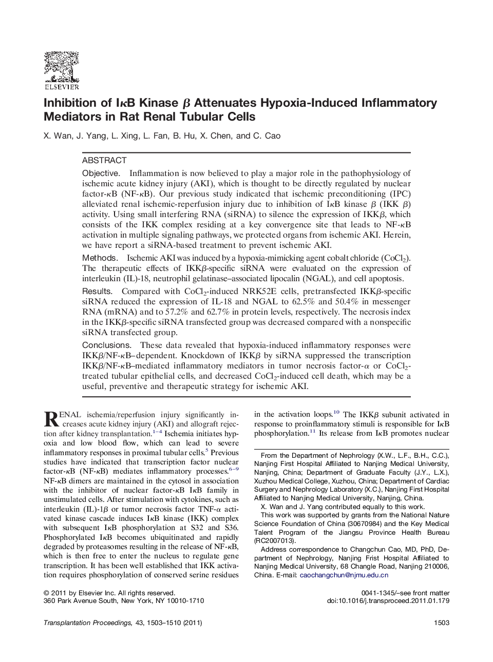 Ischemia-reperfusion injuryExperimental: RenalInhibition of IÎºB Kinase Î² Attenuates Hypoxia-Induced Inflammatory Mediators in Rat Renal Tubular Cells