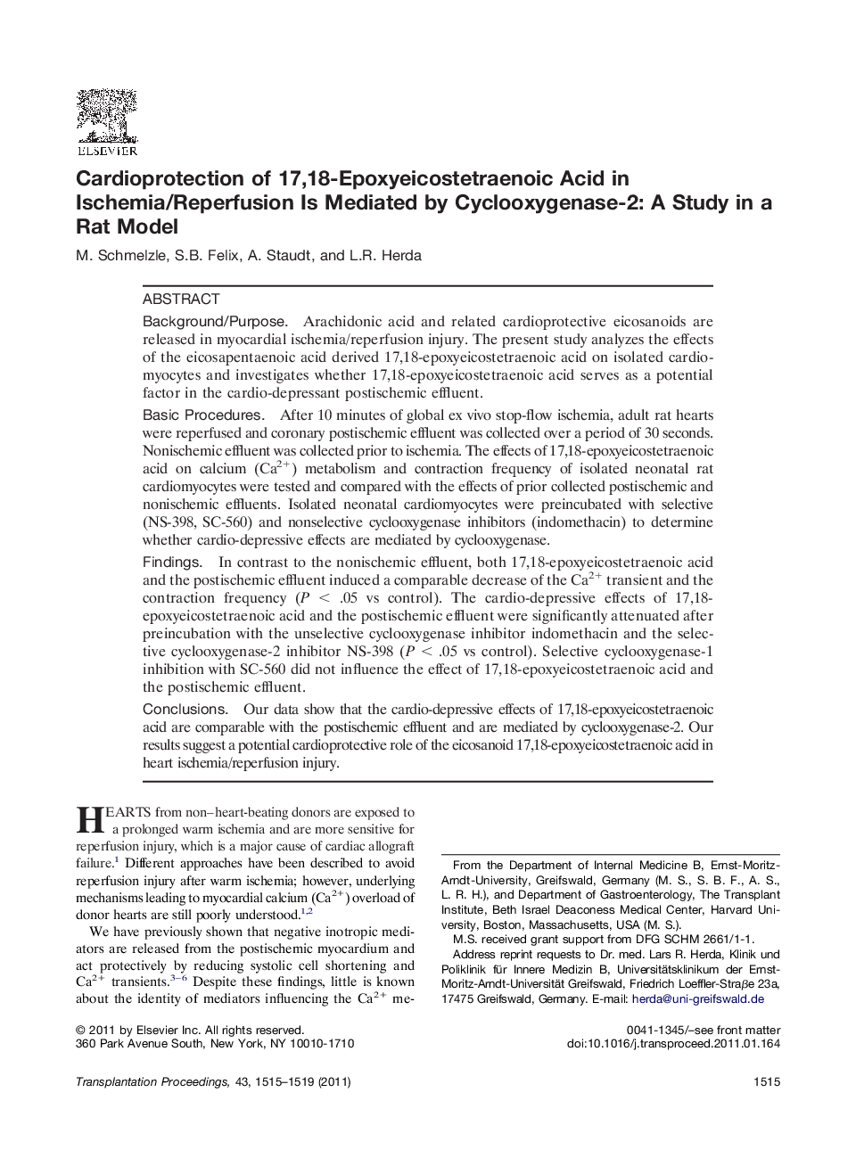 Cardioprotection of 17,18-Epoxyeicostetraenoic Acid in Ischemia/Reperfusion Is Mediated by Cyclooxygenase-2: A Study in a Rat Model