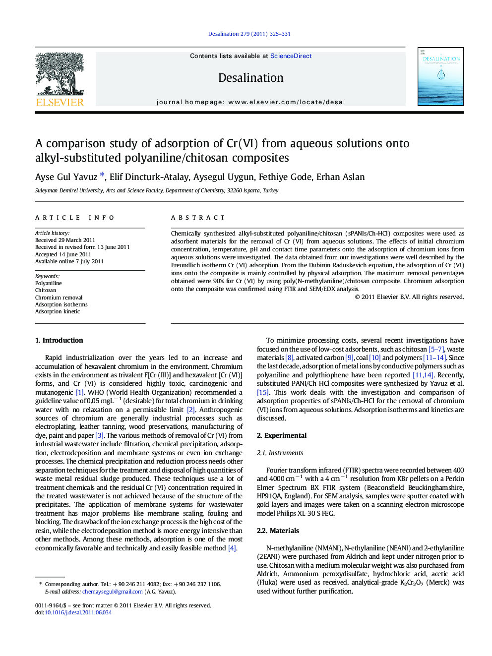 عکس صفحه اول مقاله: A comparison study of adsorption of Cr(VI) from aqueous solutions onto alkyl-substituted polyaniline/chitosan composites A comparison study of adsorption of Cr(VI) from aqueous solutions onto alkyl-substituted polyaniline/chitosan composites