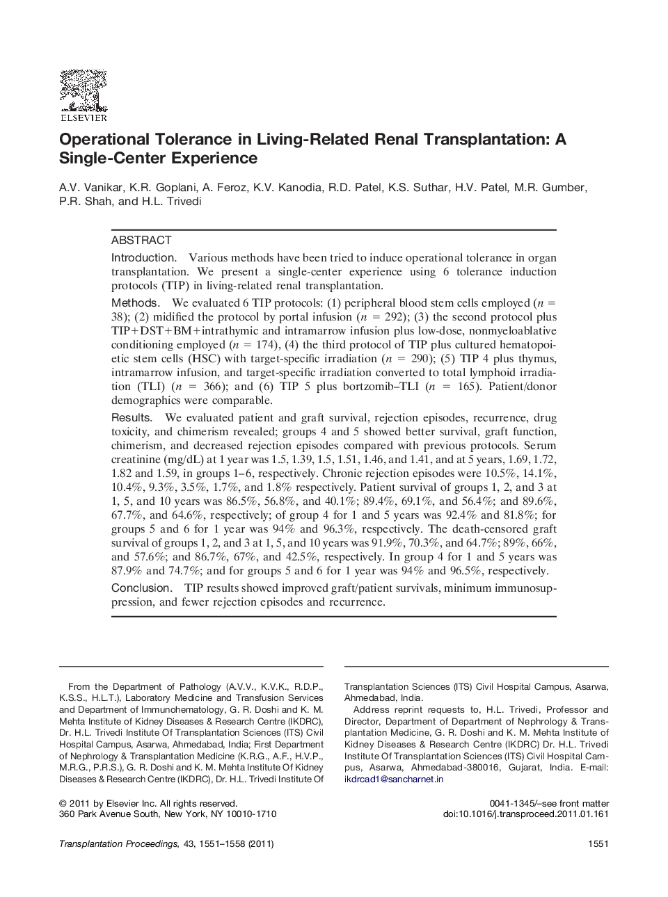 Renal transplantationOutcomeOperational Tolerance in Living-Related Renal Transplantation: A Single-Center Experience