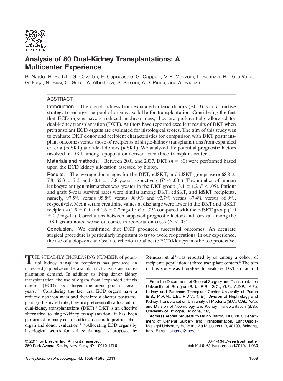 Renal transplantationOutcomeAnalysis of 80 Dual-Kidney Transplantations: A Multicenter Experience