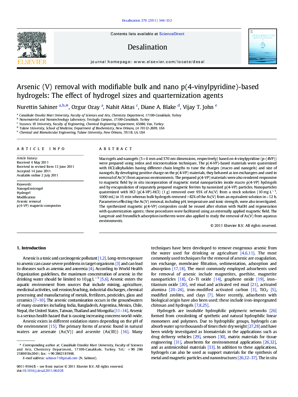 Arsenic (V) removal with modifiable bulk and nano p(4-vinylpyridine)-based hydrogels: The effect of hydrogel sizes and quarternization agents