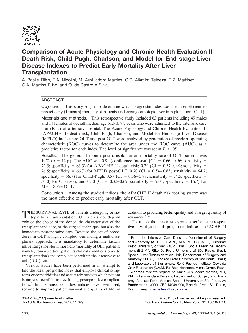 Liver transplantationCandidateComparison of Acute Physiology and Chronic Health Evaluation II Death Risk, Child-Pugh, Charlson, and Model for End-stage Liver Disease Indexes to Predict Early Mortality After Liver Transplantation