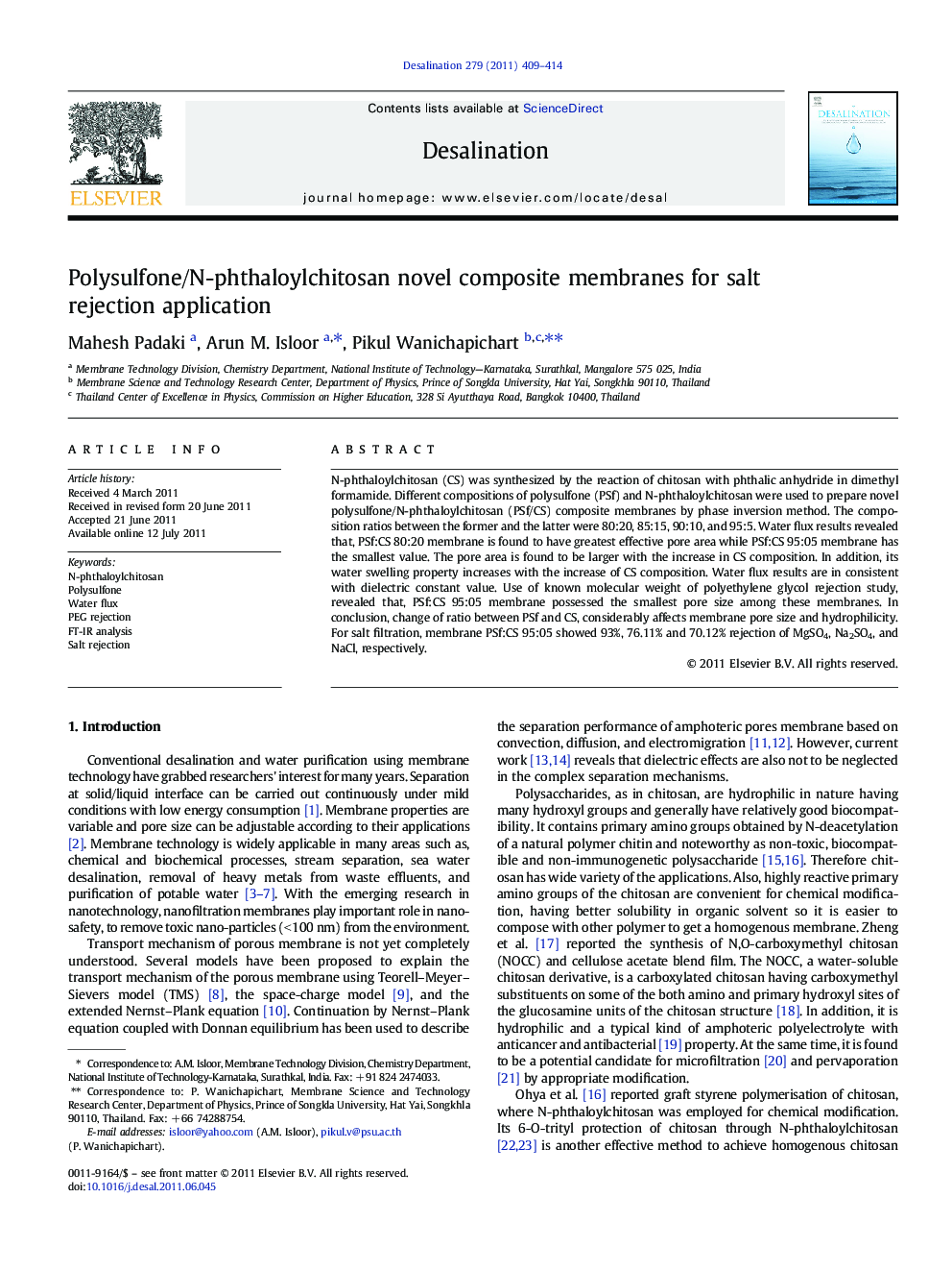 Polysulfone/N-phthaloylchitosan novel composite membranes for salt rejection application