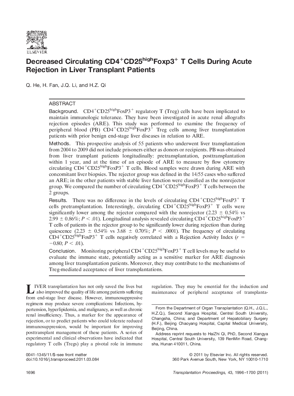 Liver transplantationOperative techniqueDecreased Circulating CD4+CD25highFoxp3+ T Cells During Acute Rejection in Liver Transplant Patients