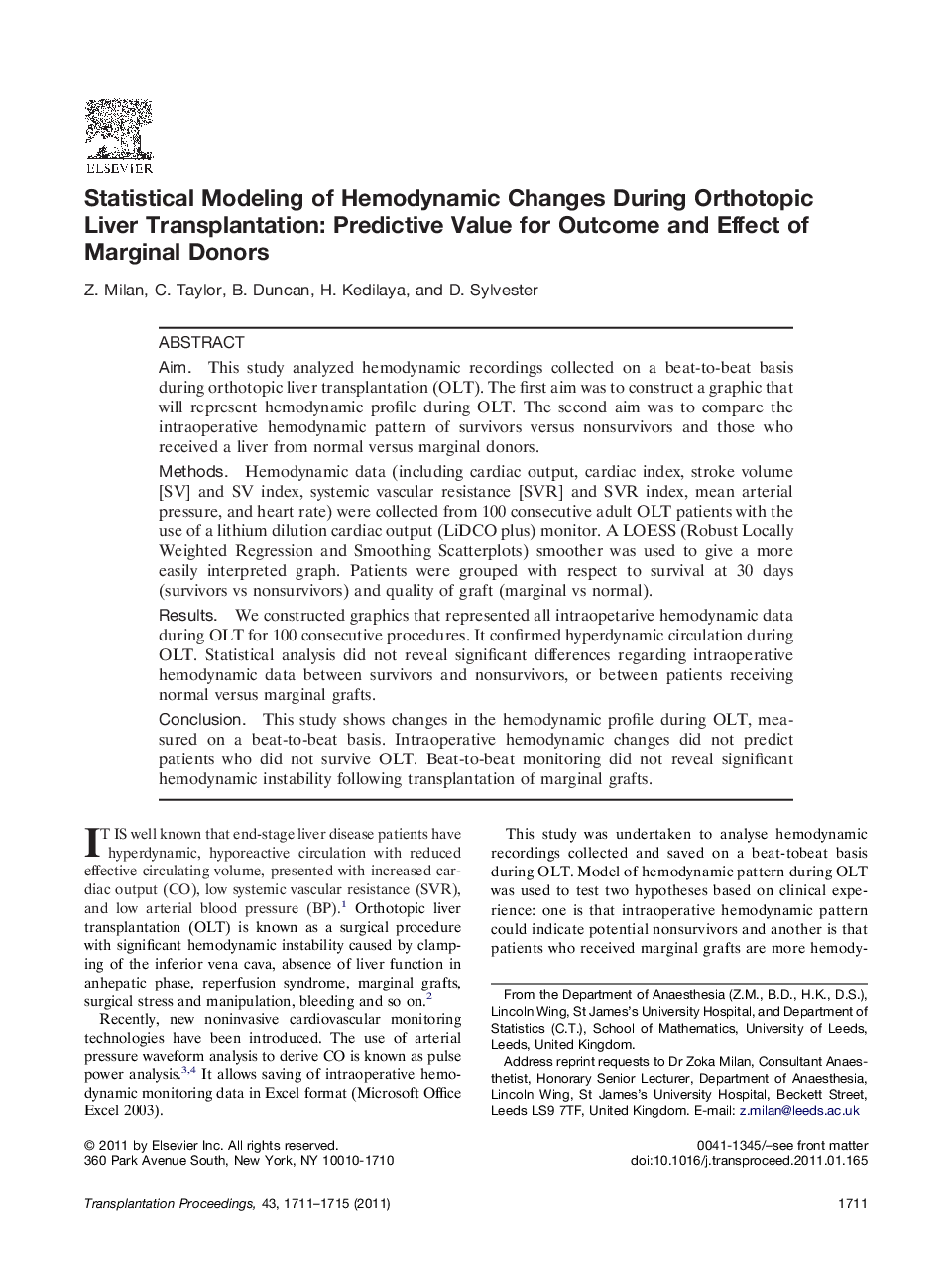 Liver transplantationOperative techniqueStatistical Modeling of Hemodynamic Changes During Orthotopic Liver Transplantation: Predictive Value for Outcome and Effect of Marginal Donors