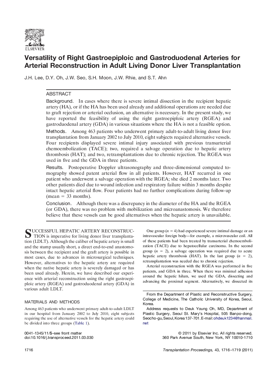 Liver transplantationOperative techniqueVersatility of Right Gastroepiploic and Gastroduodenal Arteries for Arterial Reconstruction in Adult Living Donor Liver Transplantation