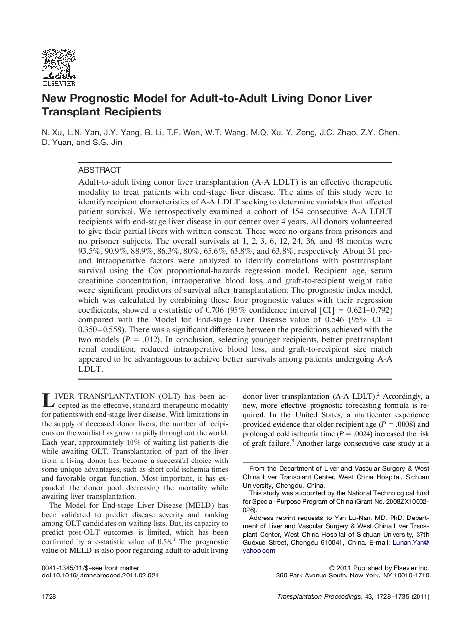 Liver transplantationOutcomeNew Prognostic Model for Adult-to-Adult Living Donor Liver Transplant Recipients