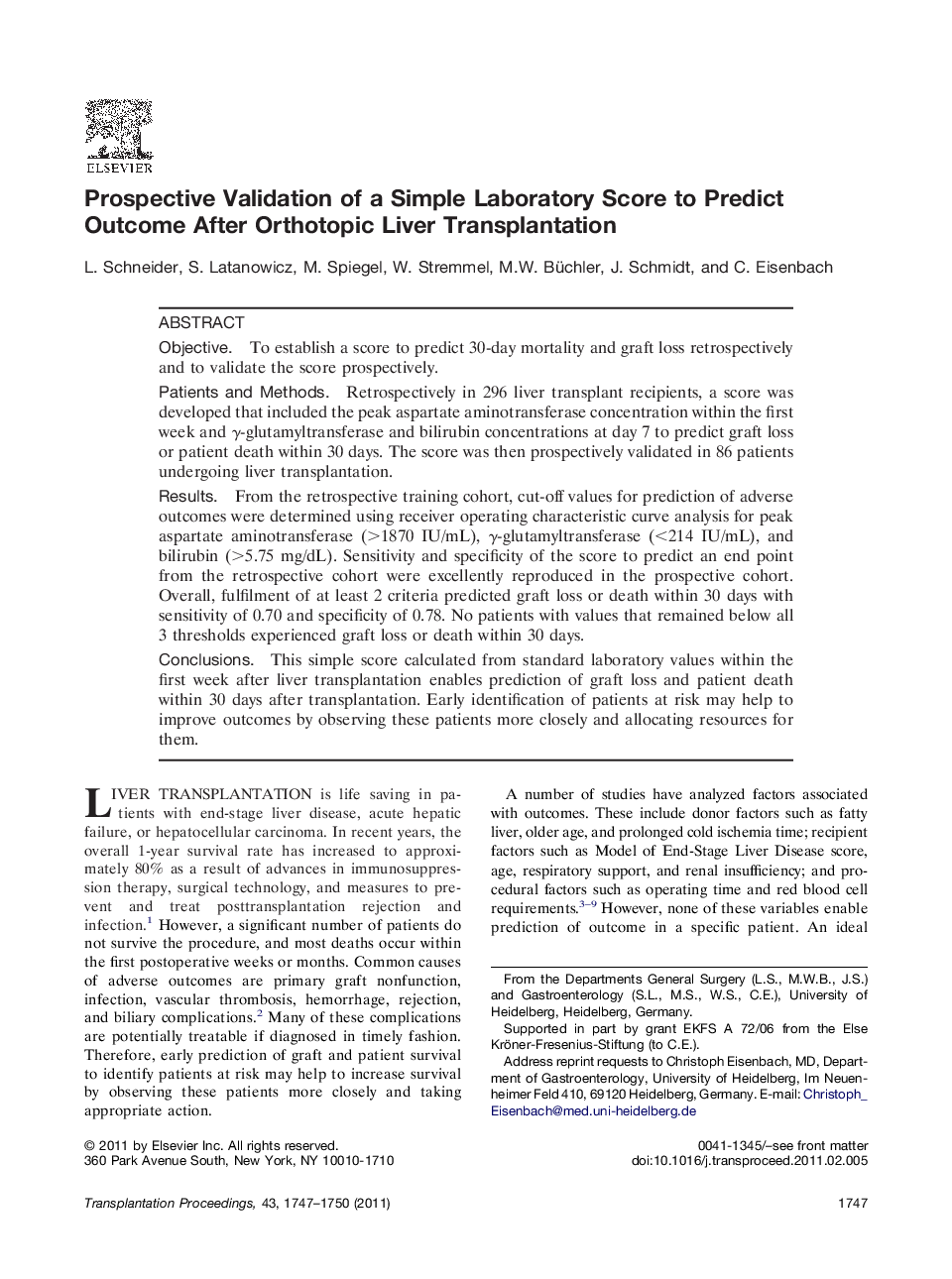 Prospective Validation of a Simple Laboratory Score to Predict Outcome After Orthotopic Liver Transplantation