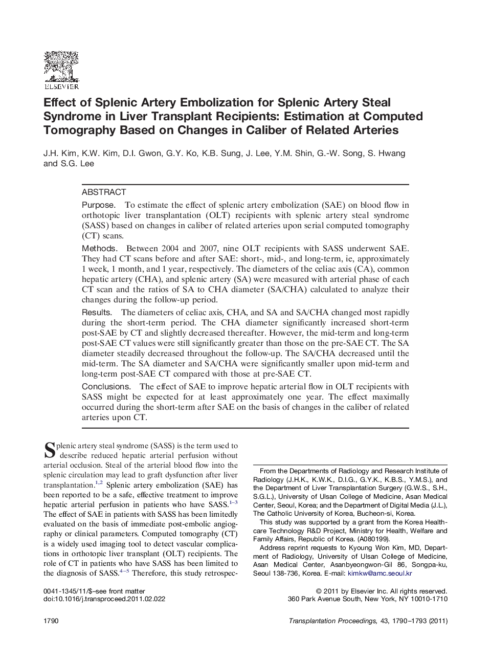 Effect of Splenic Artery Embolization for Splenic Artery Steal Syndrome in Liver Transplant Recipients: Estimation at Computed Tomography Based on Changes in Caliber of Related Arteries