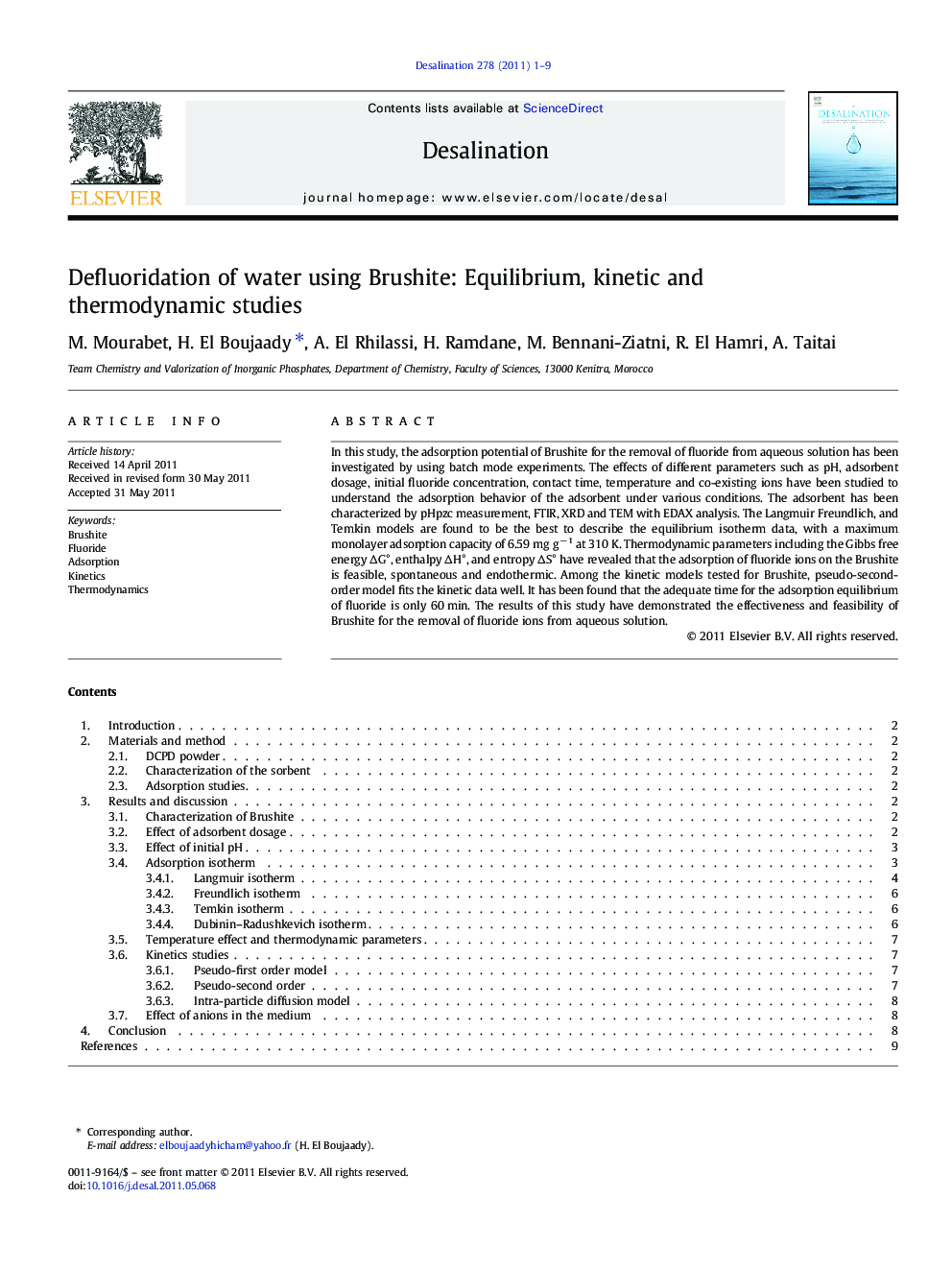 Defluoridation of water using Brushite: Equilibrium, kinetic and thermodynamic studies