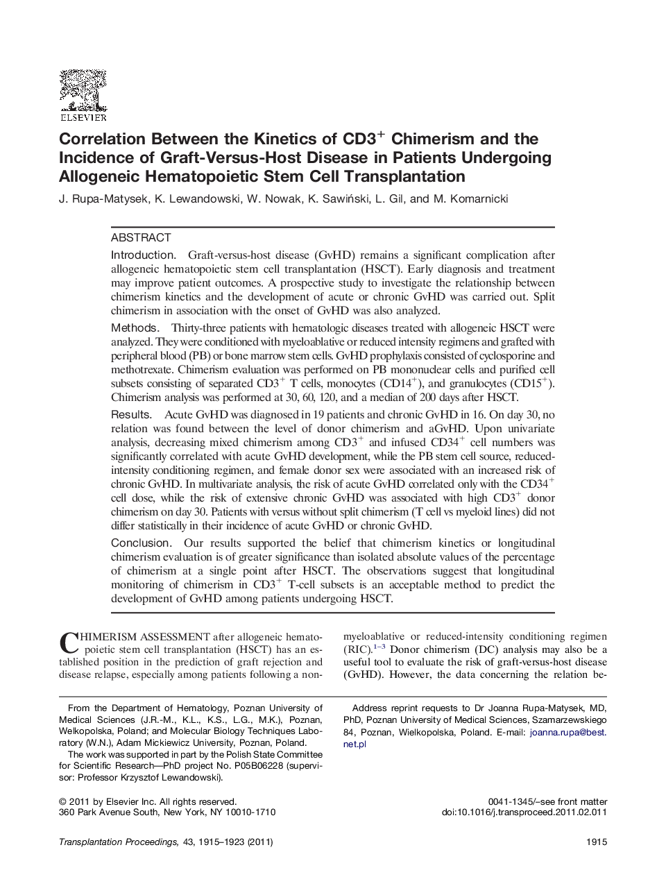 Correlation Between the Kinetics of CD3+ Chimerism and the Incidence of Graft-Versus-Host Disease in Patients Undergoing Allogeneic Hematopoietic Stem Cell Transplantation