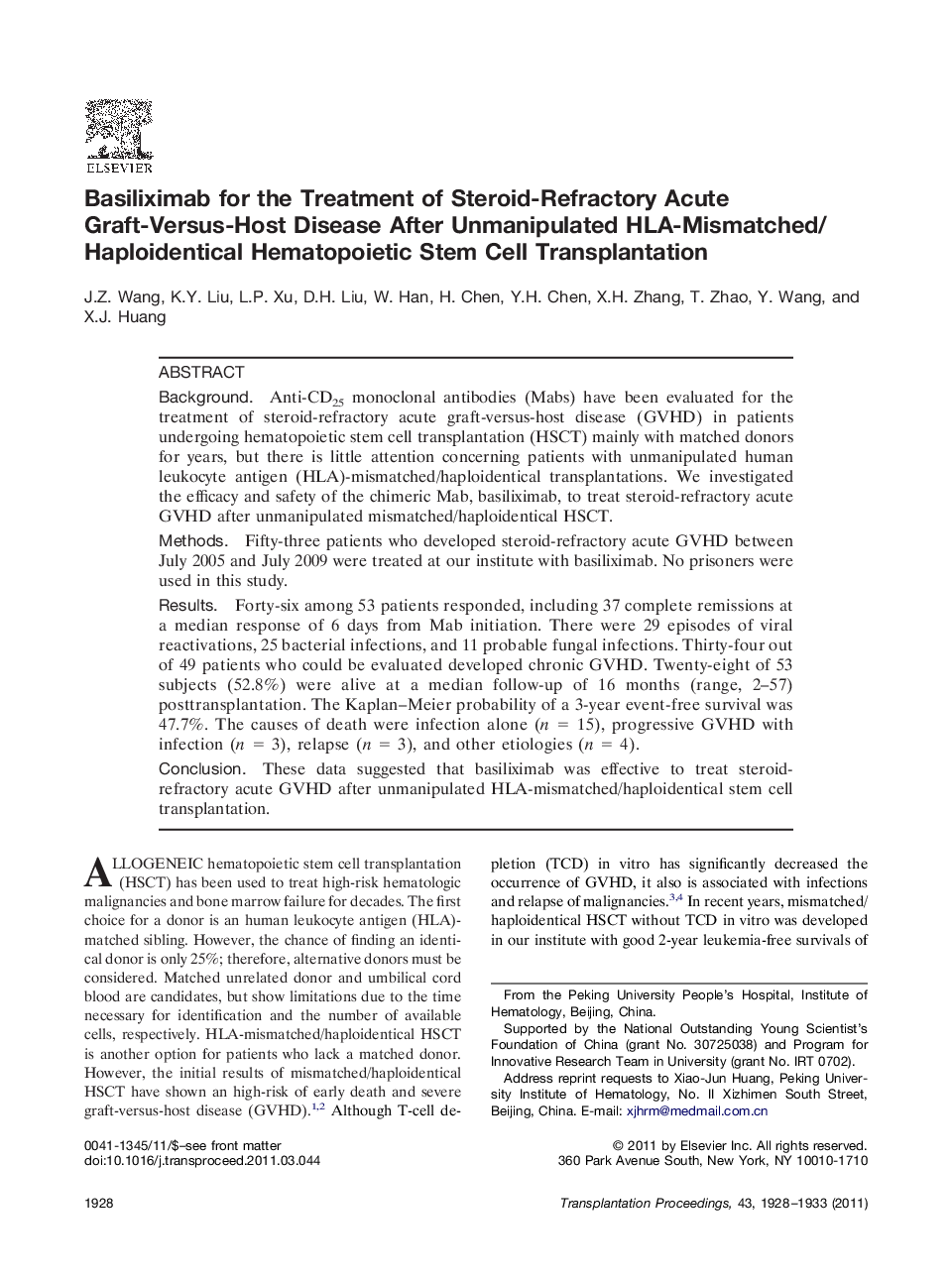 Stem cell and bone marrow transplantationOutcomeBasiliximab for the Treatment of Steroid-Refractory Acute Graft-Versus-Host Disease After Unmanipulated HLA-Mismatched/Haploidentical Hematopoietic Stem Cell Transplantation