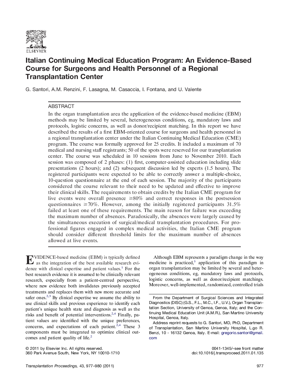 Donation and allocationDeceased donorItalian Continuing Medical Education Program: An Evidence-Based Course for Surgeons and Health Personnel of a Regional Transplantation Center