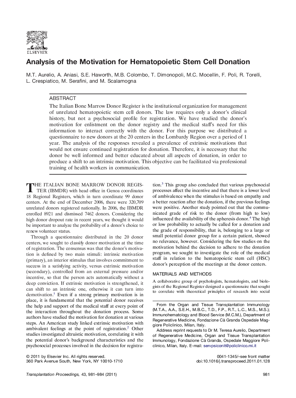 Analysis of the Motivation for Hematopoietic Stem Cell Donation