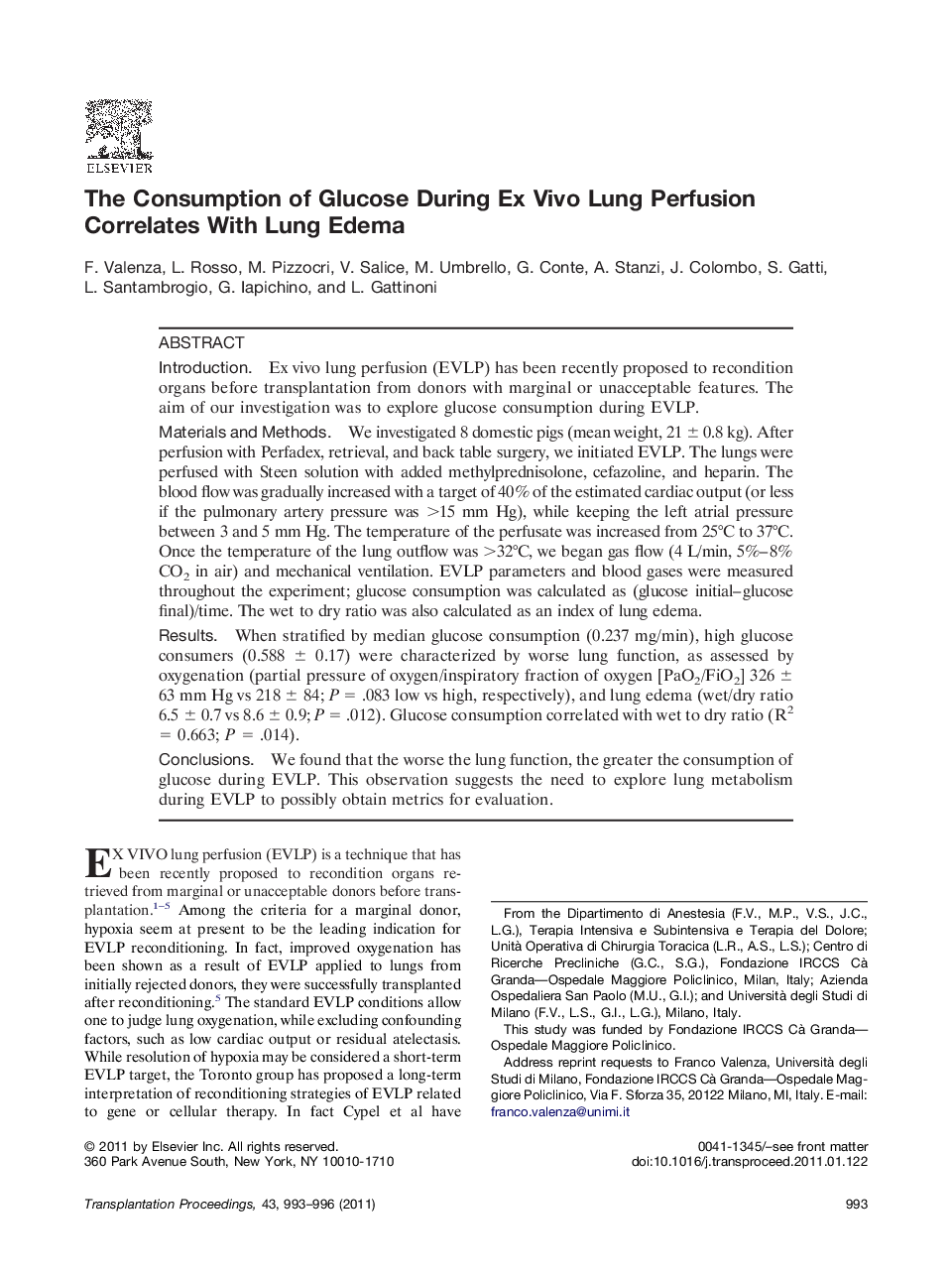 Ischemia-reperfusion injuryThe Consumption of Glucose During Ex Vivo Lung Perfusion Correlates With Lung Edema