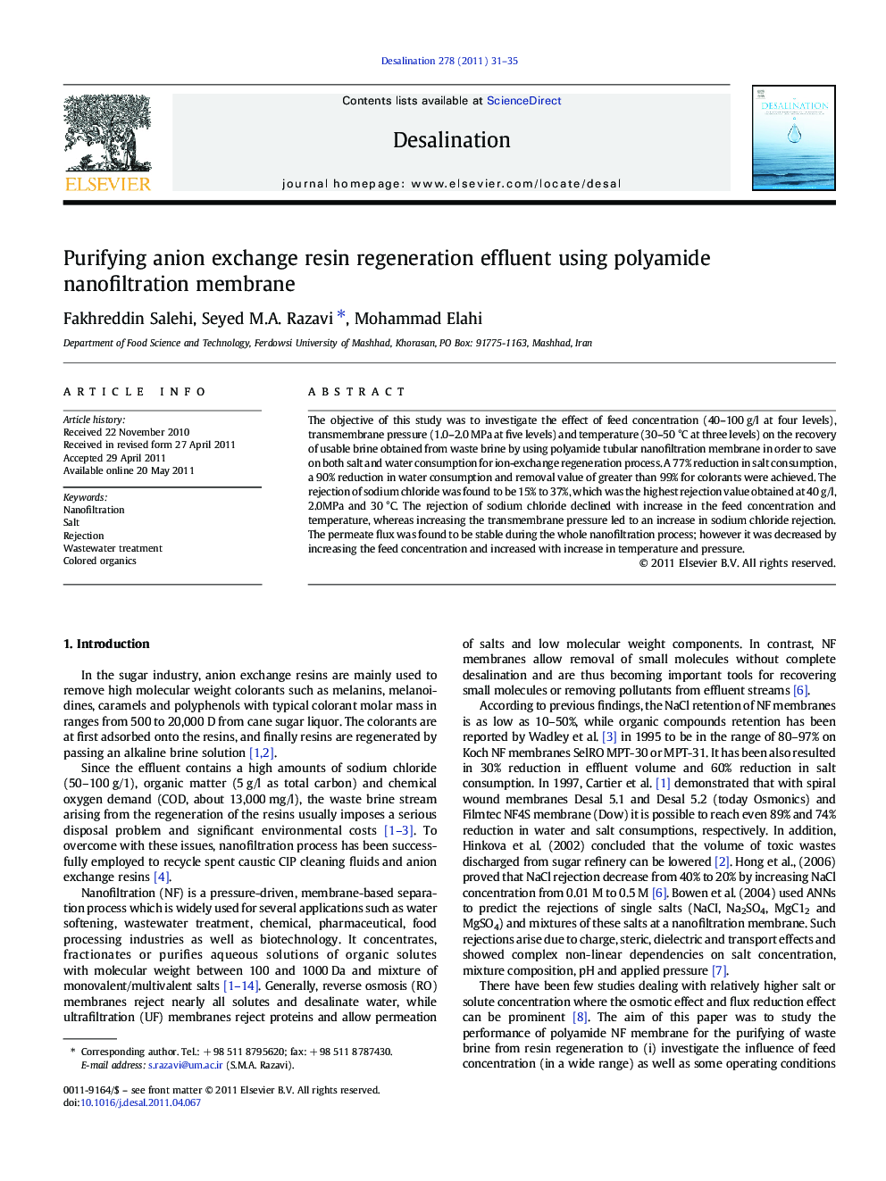 Purifying anion exchange resin regeneration effluent using polyamide nanofiltration membrane