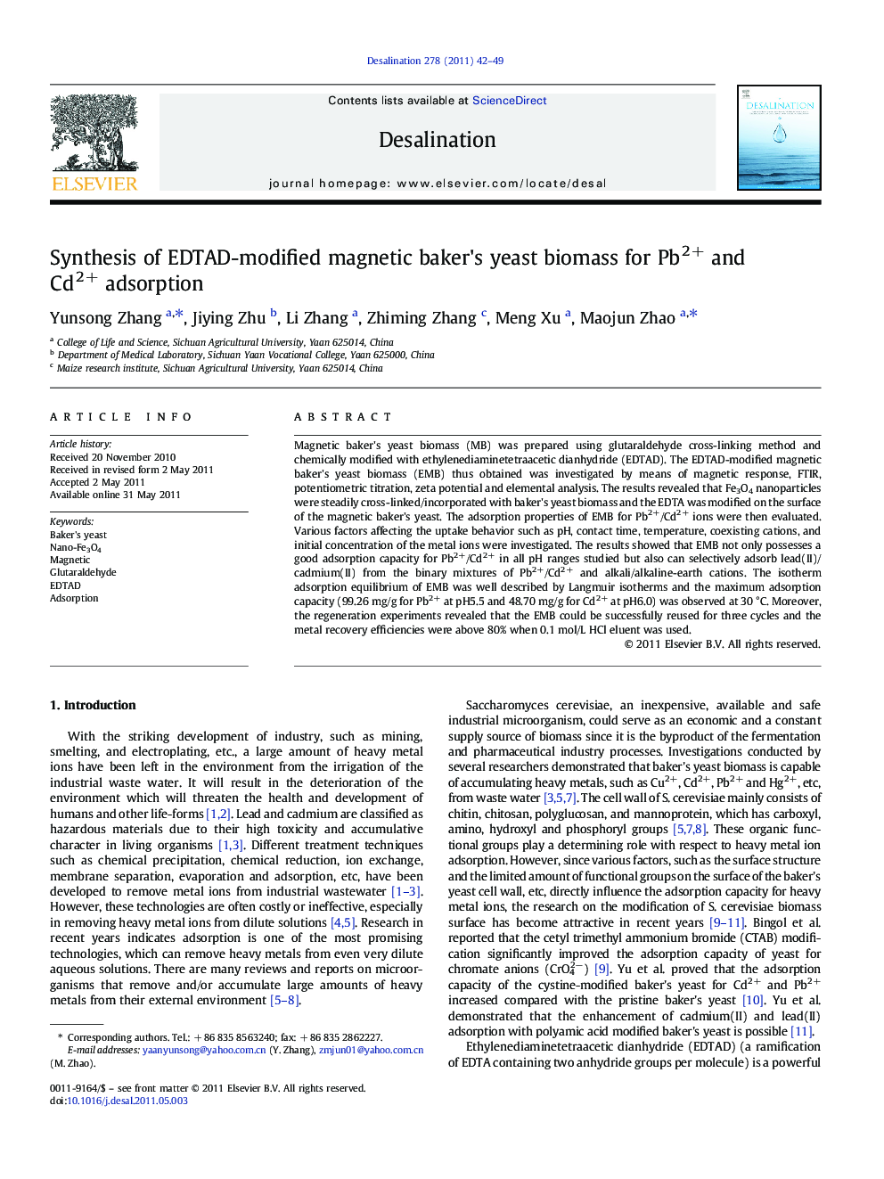 Synthesis of EDTAD-modified magnetic baker's yeast biomass for Pb2+ and Cd2+ adsorption