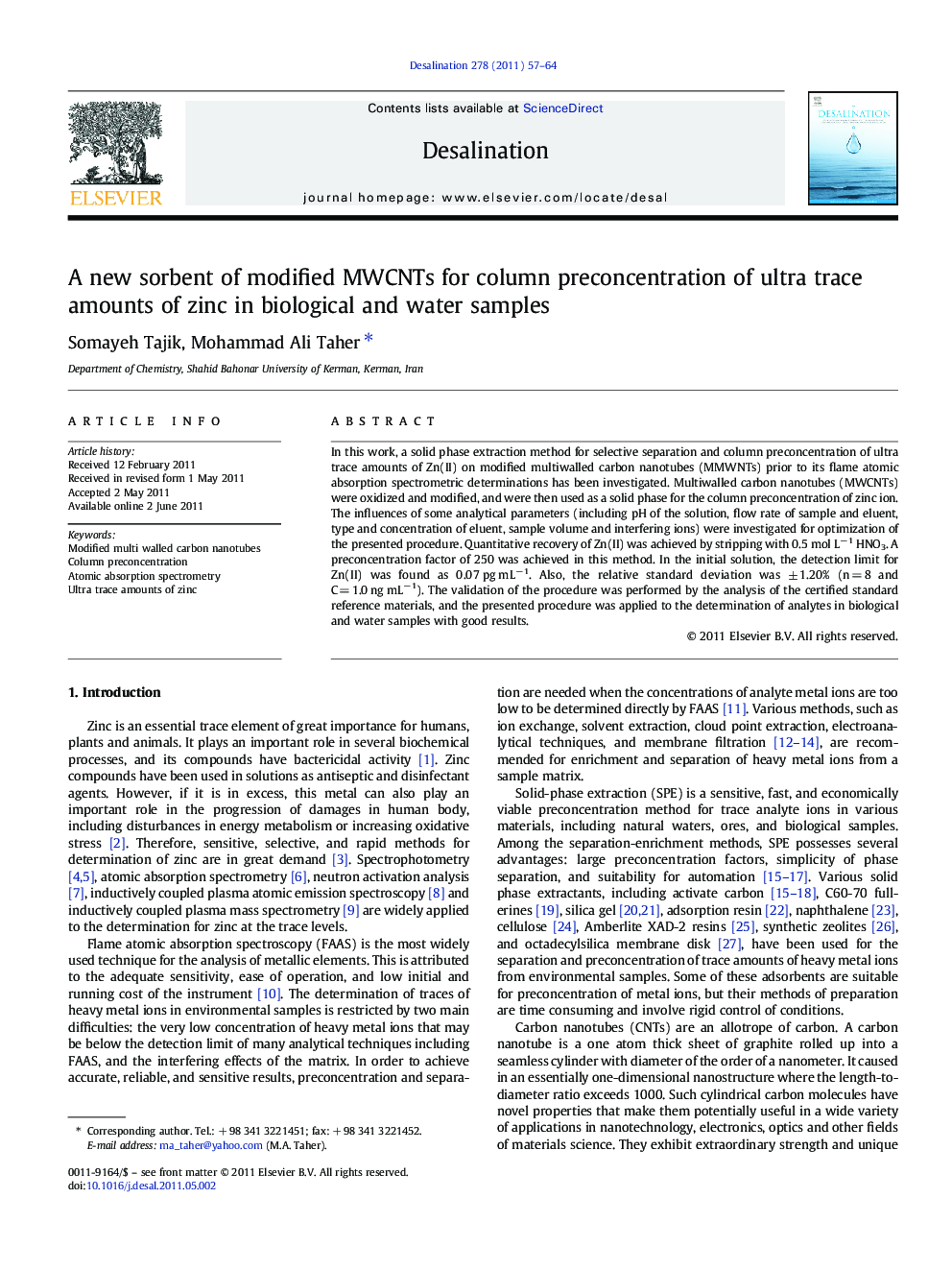 A new sorbent of modified MWCNTs for column preconcentration of ultra trace amounts of zinc in biological and water samples