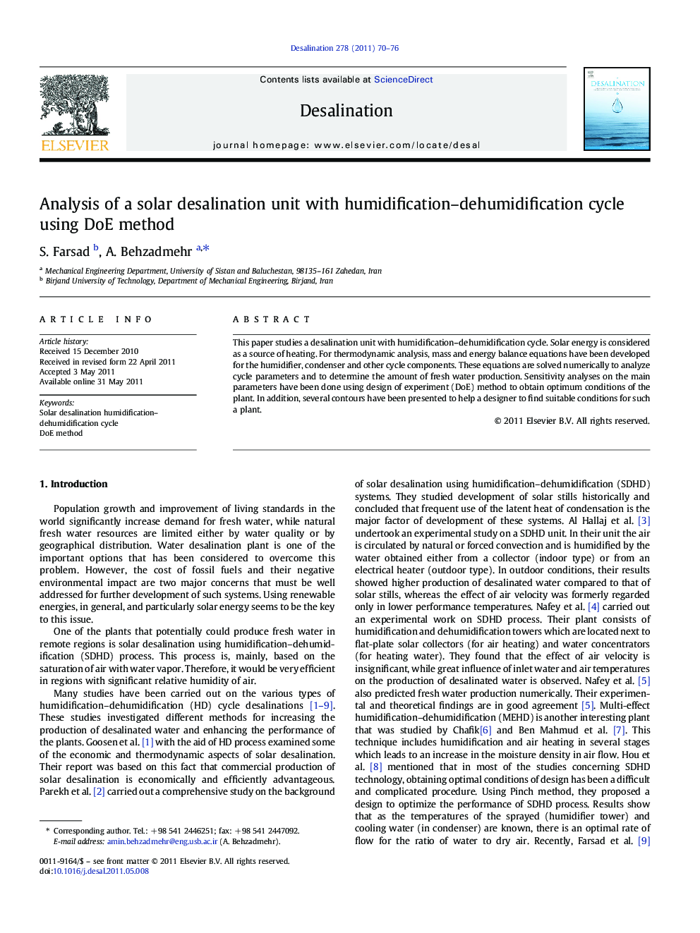 Analysis of a solar desalination unit with humidification-dehumidification cycle using DoE method