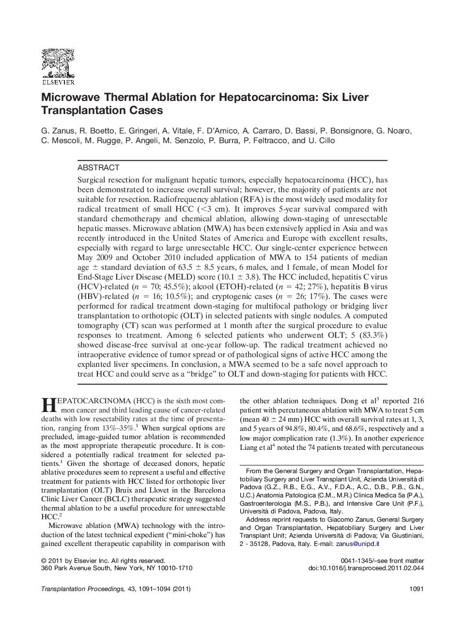 LiverCandidateMicrowave Thermal Ablation for Hepatocarcinoma: Six Liver Transplantation Cases