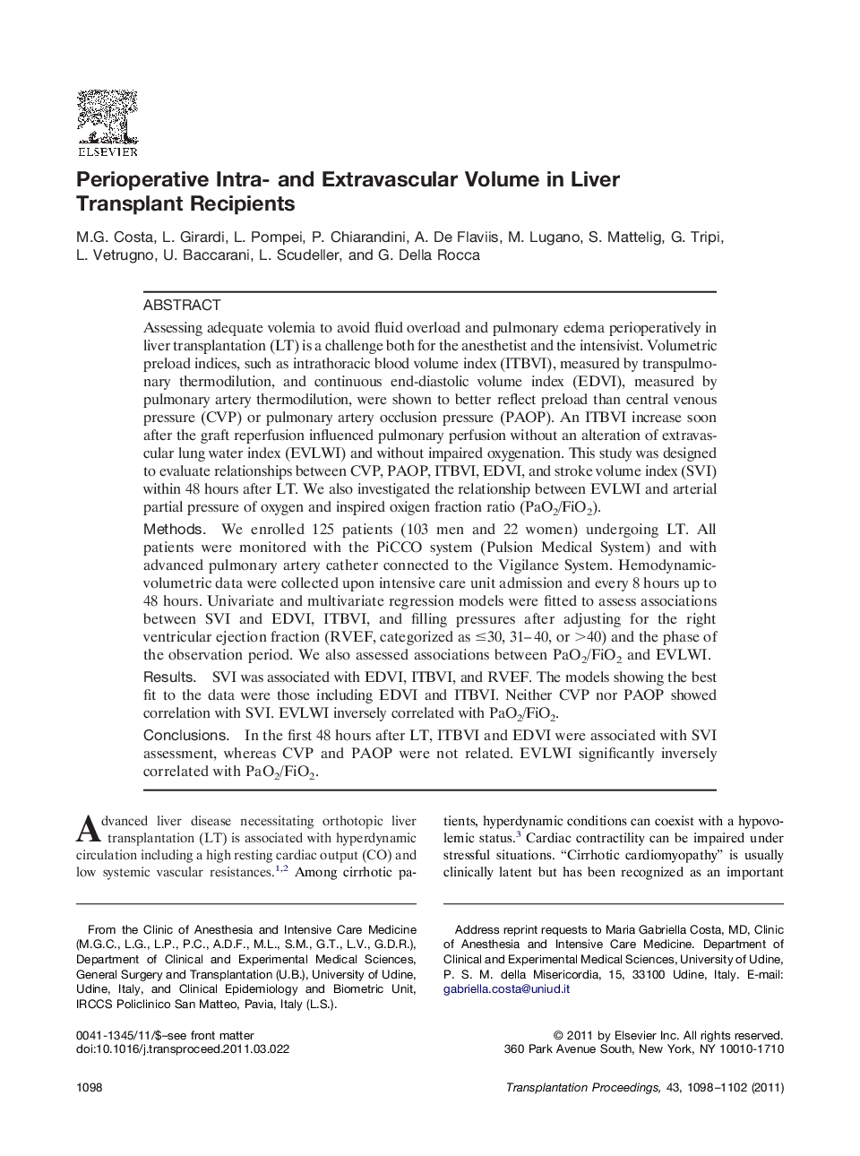 LiverSurgeryPerioperative Intra- and Extravascular Volume in Liver Transplant Recipients