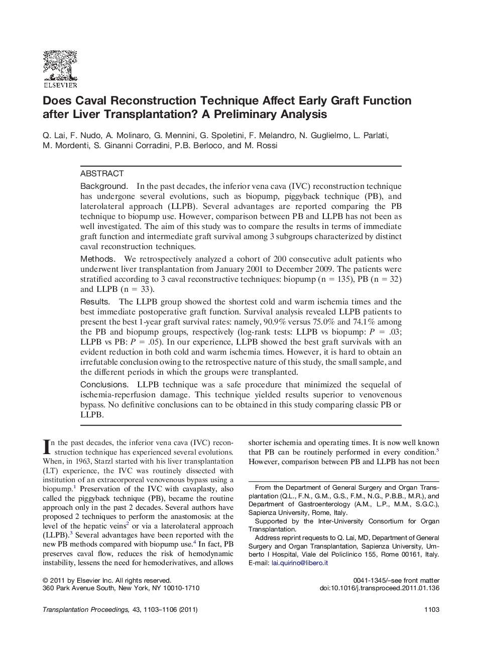 LiverSurgeryDoes Caval Reconstruction Technique Affect Early Graft Function after Liver Transplantation? A Preliminary Analysis
