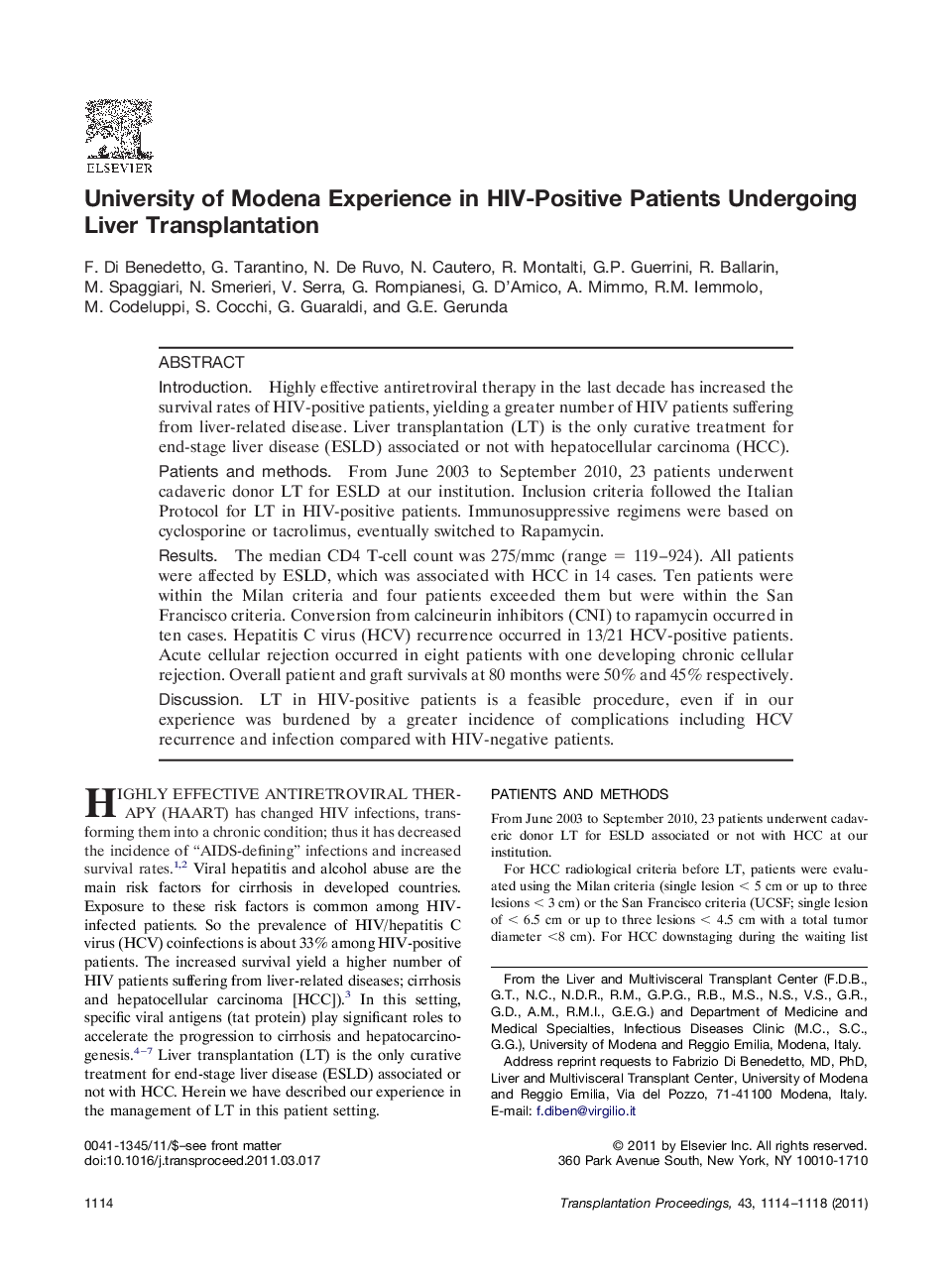 LiverOutcomeUniversity of Modena Experience in HIV-Positive Patients Undergoing Liver Transplantation