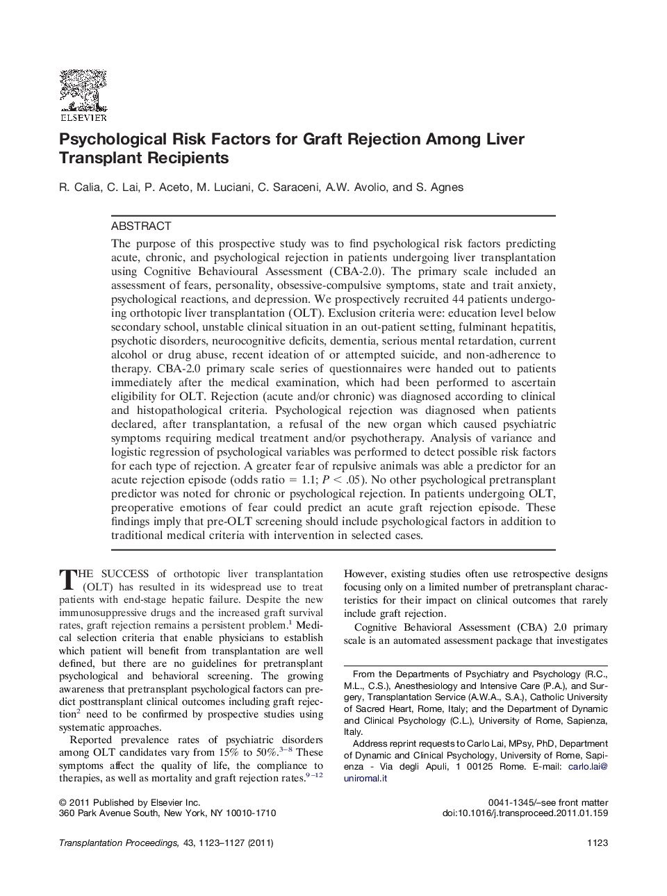 LiverOutcomePsychological Risk Factors for Graft Rejection Among Liver Transplant Recipients