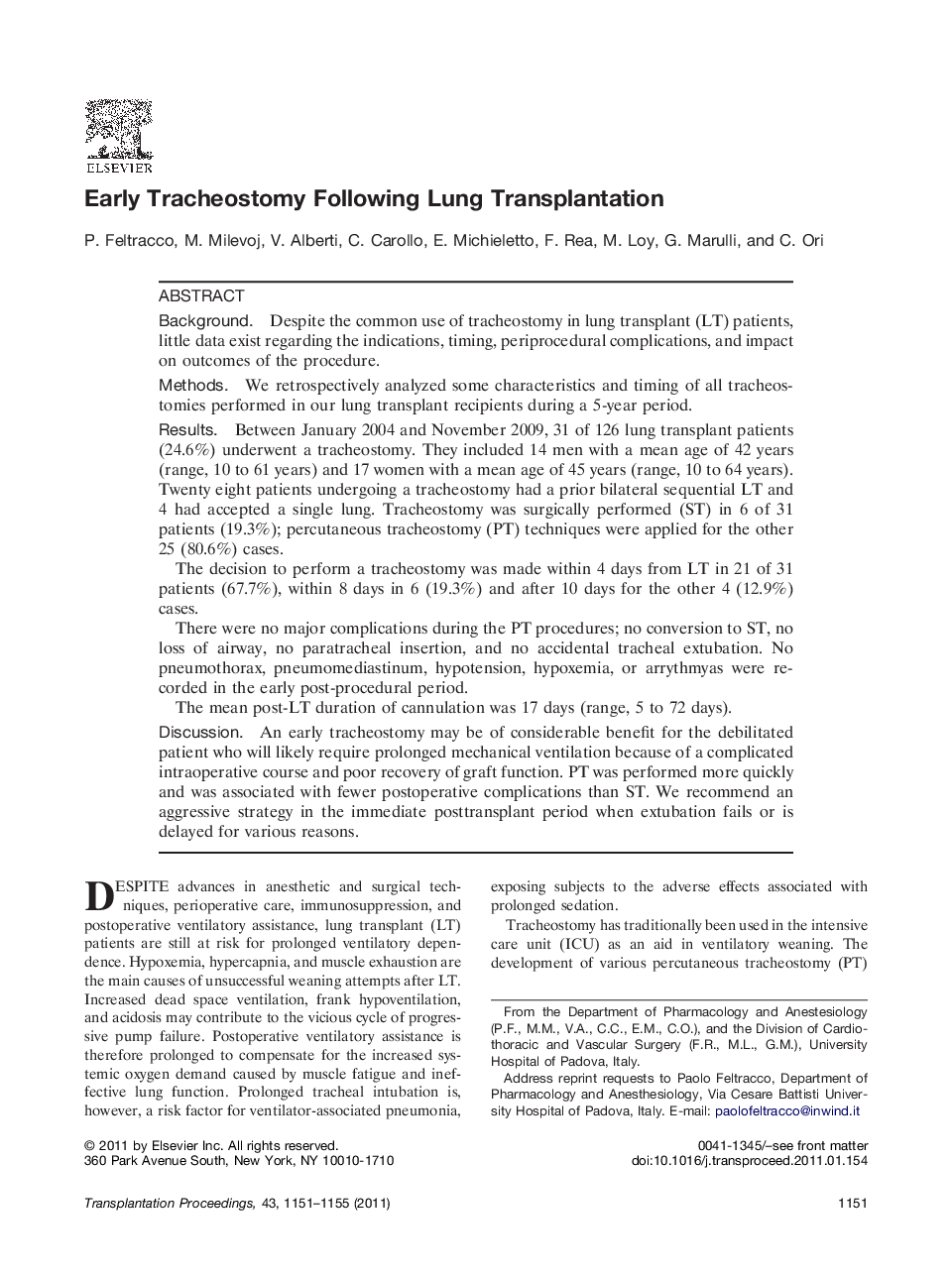 ThoracicLungEarly Tracheostomy Following Lung Transplantation