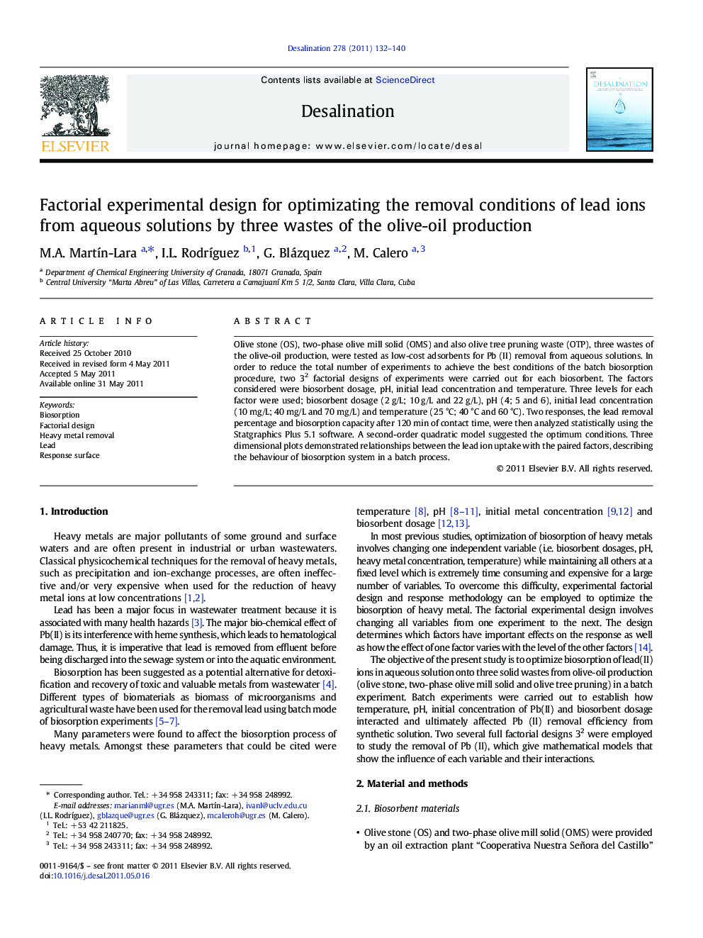 Factorial experimental design for optimizating the removal conditions of lead ions from aqueous solutions by three wastes of the olive-oil production