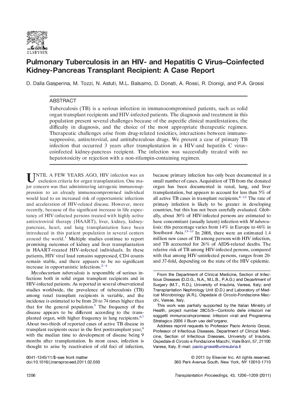 Pulmonary Tuberculosis in an HIV- and Hepatitis C Virus-Coinfected Kidney-Pancreas Transplant Recipient: A Case Report