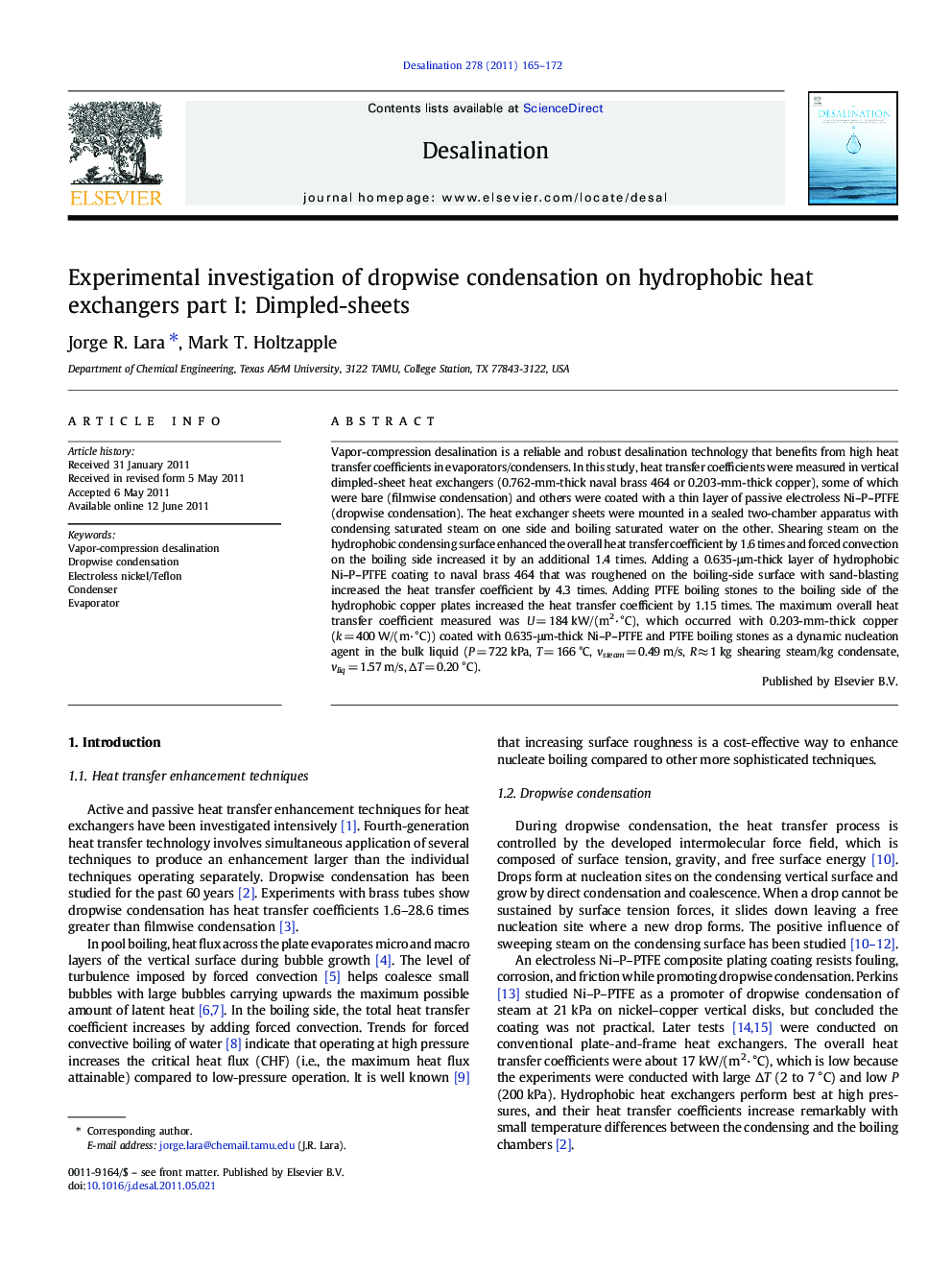 عکس صفحه اول مقاله: Experimental investigation of dropwise condensation on hydrophobic heat exchangers part I: Dimpled-sheets Experimental investigation of dropwise condensation on hydrophobic heat exchangers part I: Dimpled-sheets